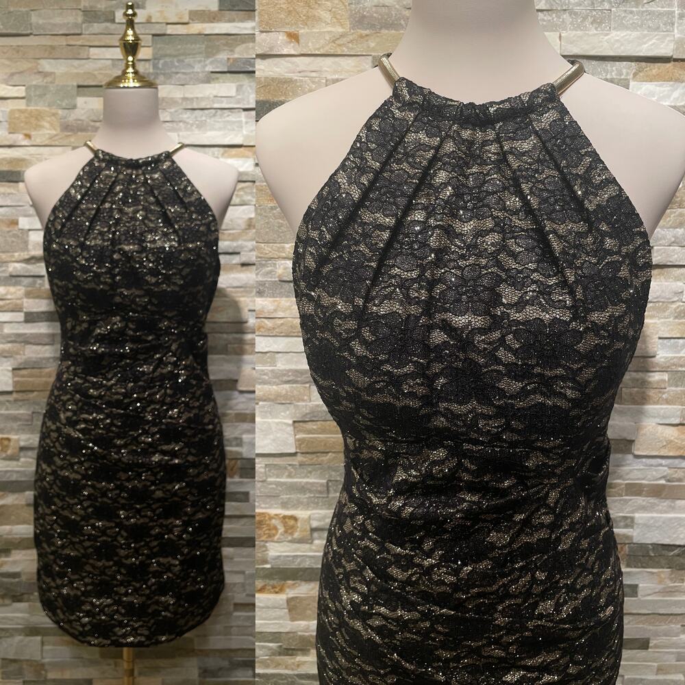Eliza J Black Gold Lace Halter Mini Dress Sz 10 | Metallic Cocktail